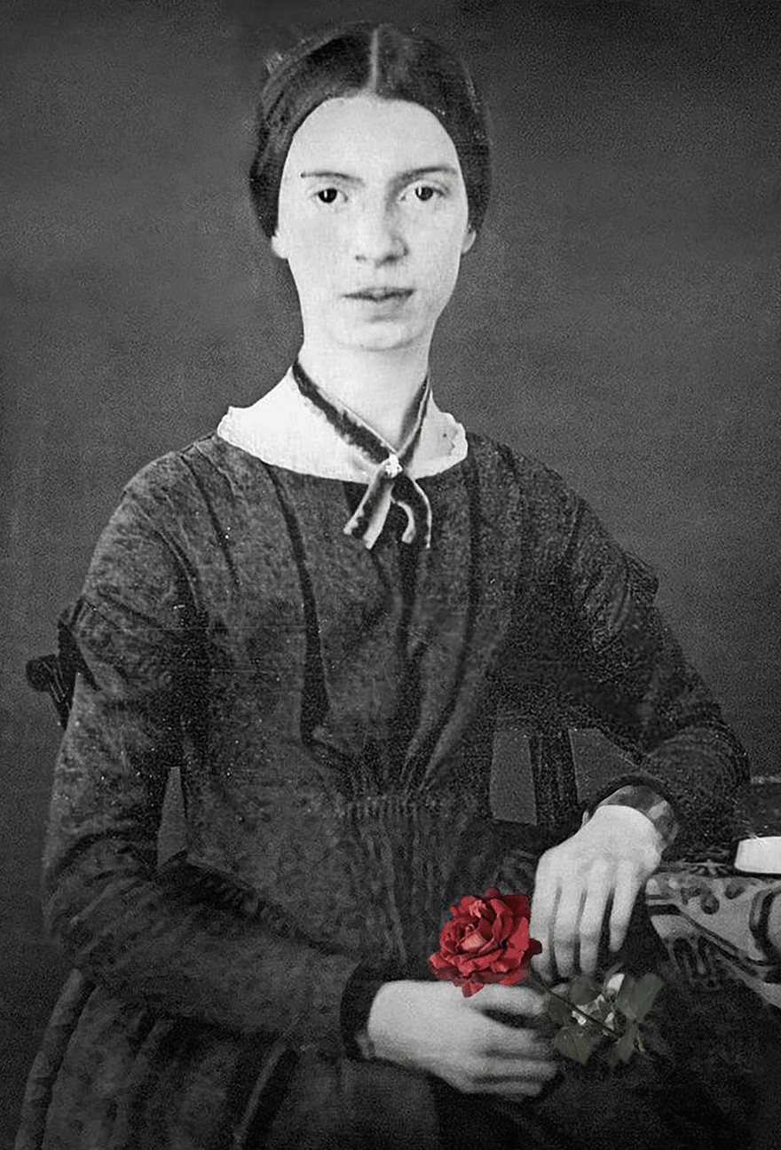 Portrait d'Emily Dickinson, une rose rouge à la main, image de la maison pour Dickinson's Rose